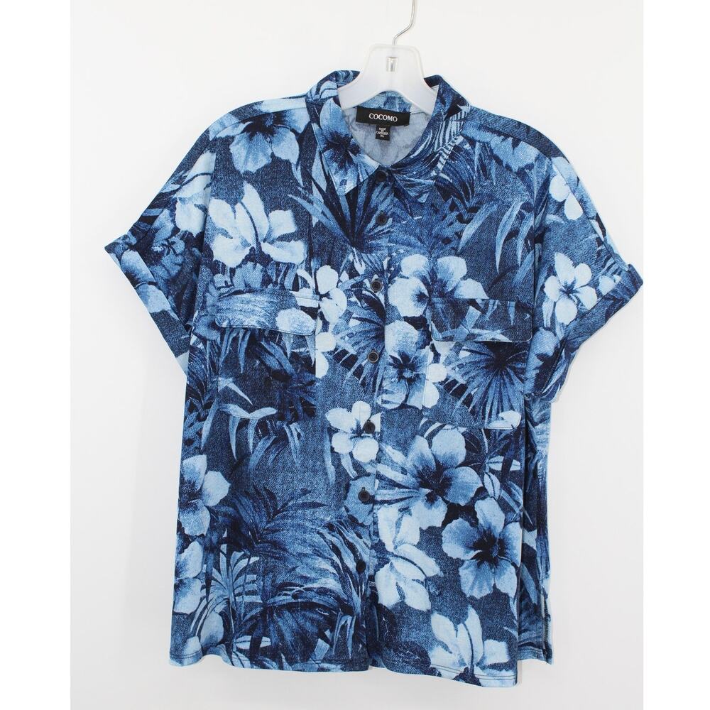 Cocomo Womens Buttton Shirt XL Blue Floral Short Sleeves Soft Stretch